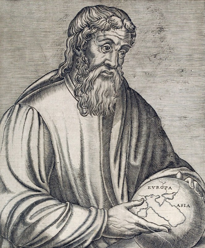 Sixteenth-century engraved portrait of the geographer Strabo holding a globe marked Europa and Asia